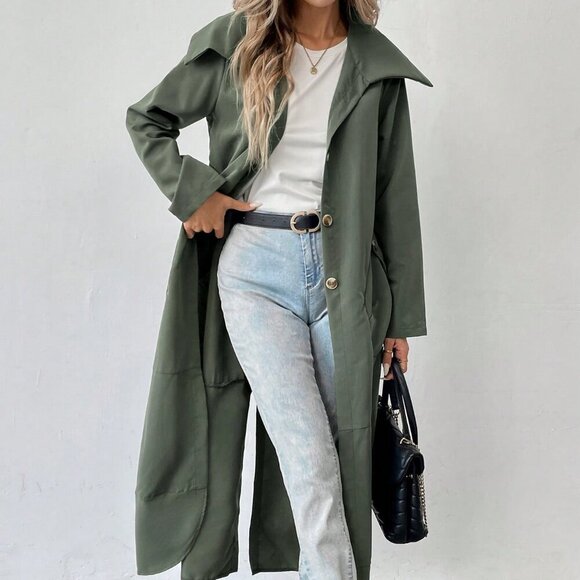 Army Green Casual Women's Solid Color Double Pocket Long Jacket - Picture 3 of 5